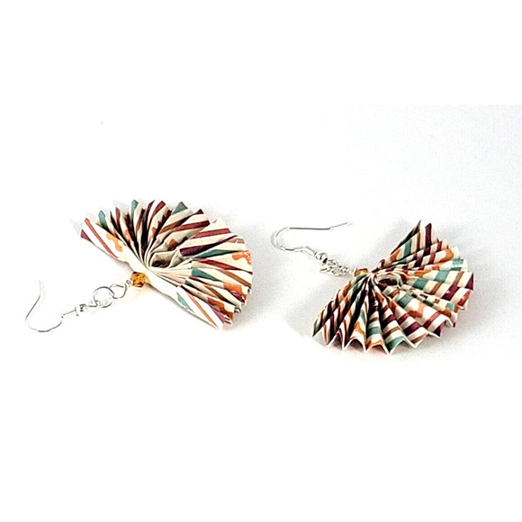 Multicolor Striped Origami Fan Earrings with Swarovski Beads - Picture 4 of 7